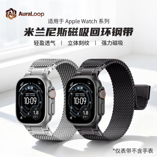 适用iwatch苹果手表Ultra3/2米兰尼斯磁吸回环不锈钢表带强力磁吸