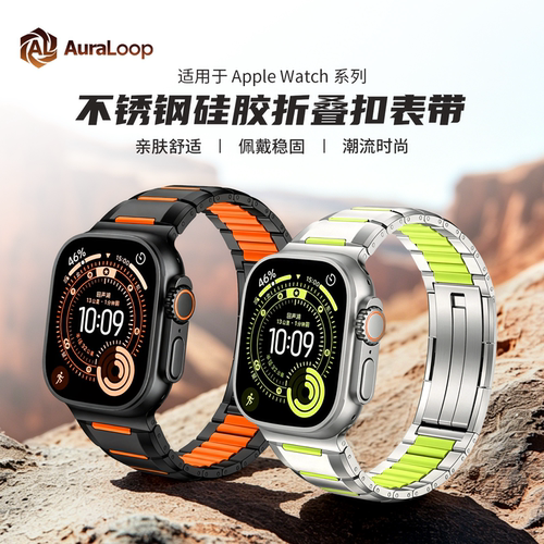 适用iwatch苹果手表Ultra3/2不锈钢硅胶折叠扣表带新款潮流S11/10
