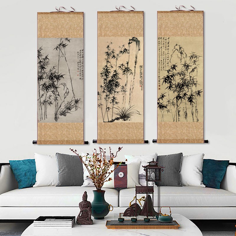 名家郑板桥竹石图卷轴画丝绸画绢画宣纸仿古画家居装饰国画微喷画 - 实物图