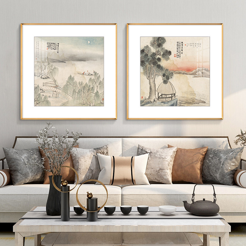 齐白石二十四景国画新中式山水画水墨斗方餐厅挂画进门玄关装饰画