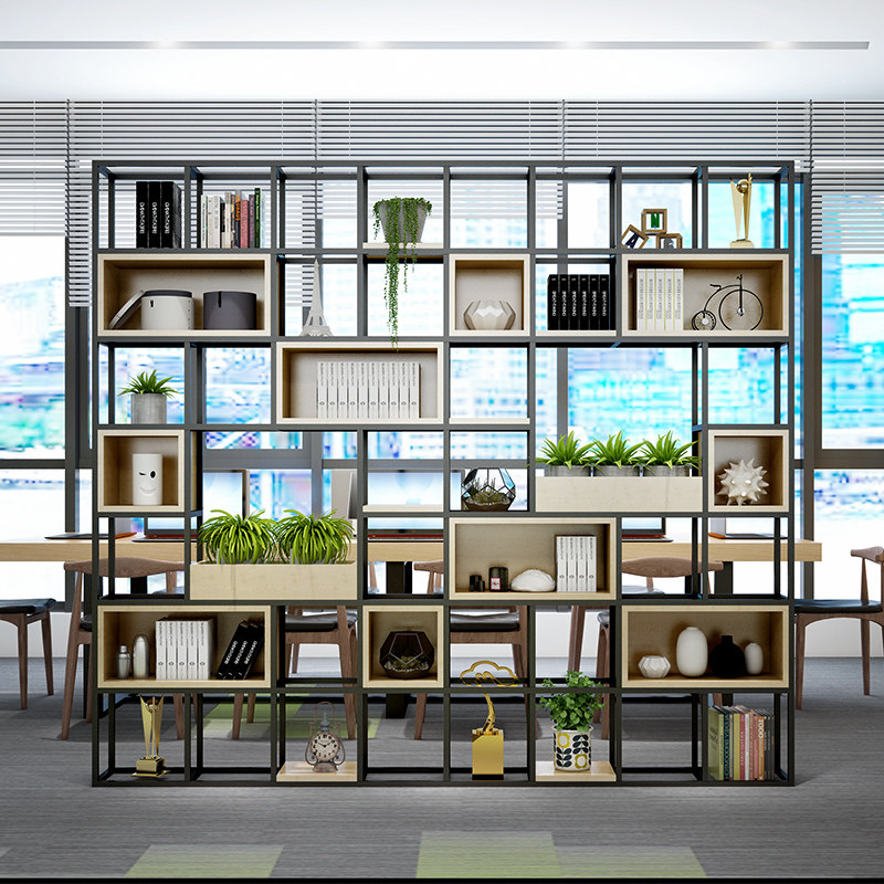 美式铁艺隔断置物架办公室隔断墙屏风工业风书架储物柜实木展示架