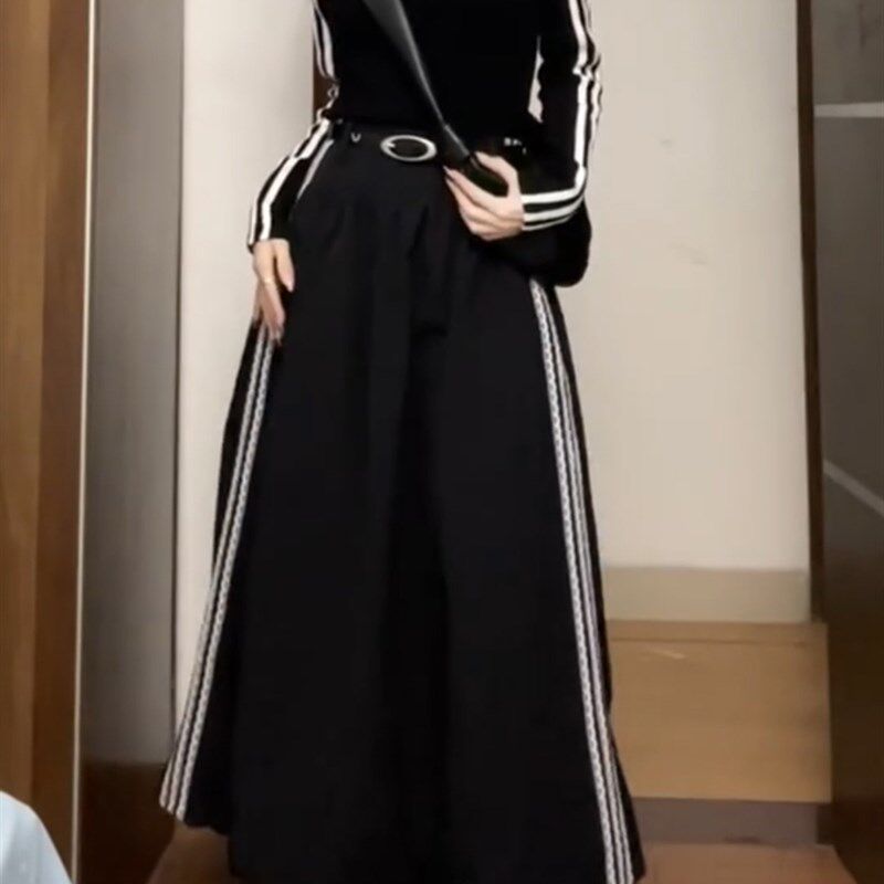 美式条纹工装花苞裙女大码胖mm遮肚藏肉裙子黑色蓬蓬灯笼半身裙秋