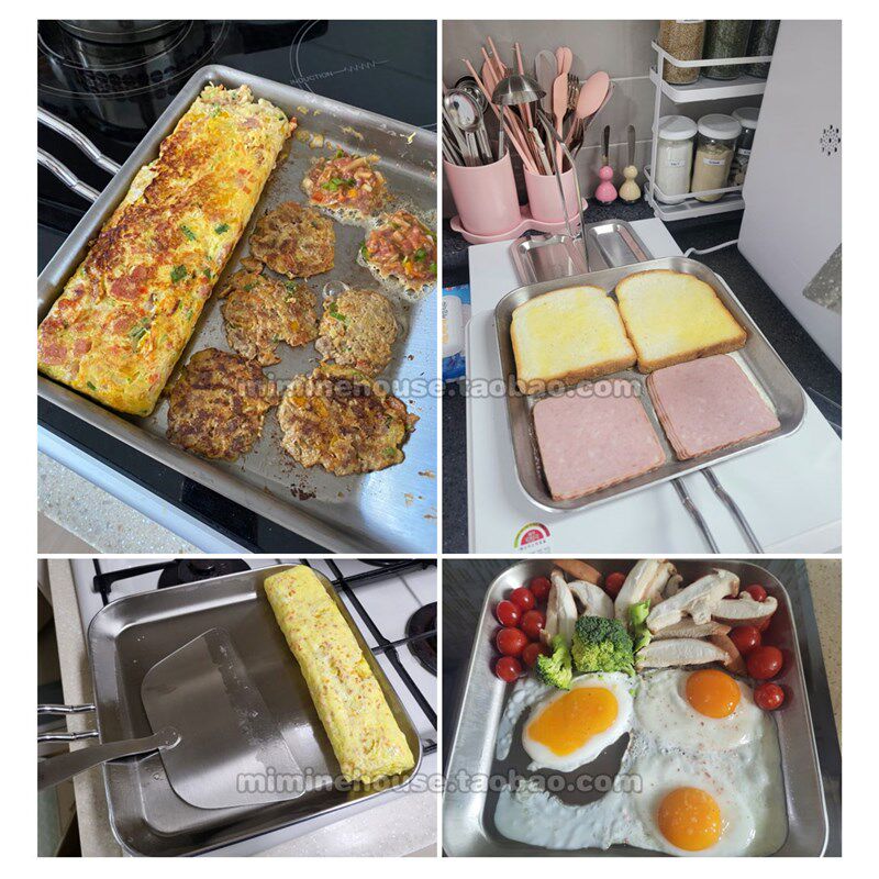 韩国直邮 304不锈钢正方形平底锅24cm锅铲套装 不粘早餐蛋饺煎锅