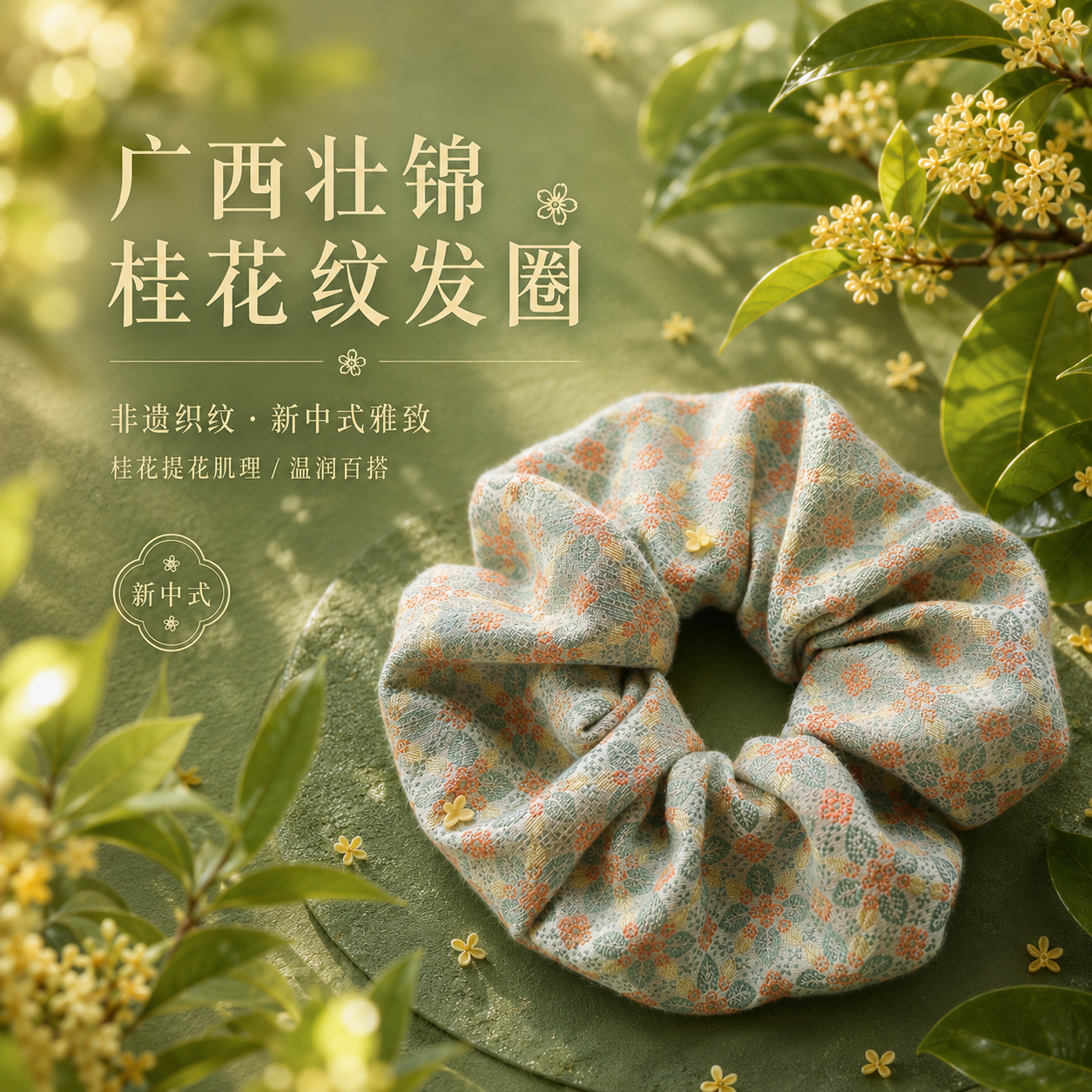 春绿桂花纹广西壮锦高奢发圈小清新春天系列绿色大肠发圈送礼礼物