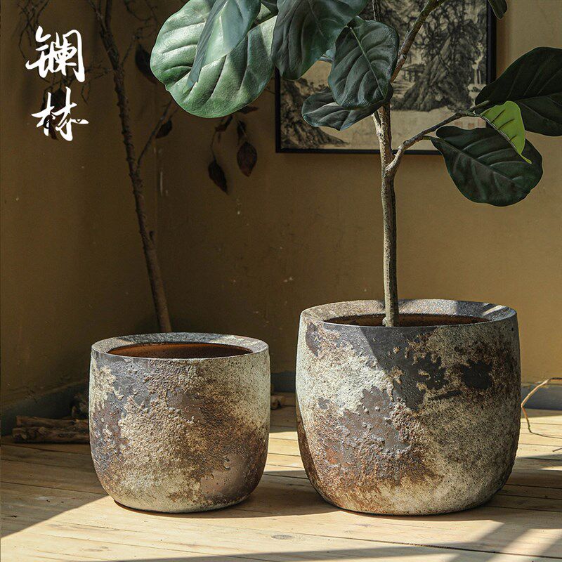 粗陶花盆大口径阳台创意摆件复古多肉透气陶瓷花坛家居室内装饰品