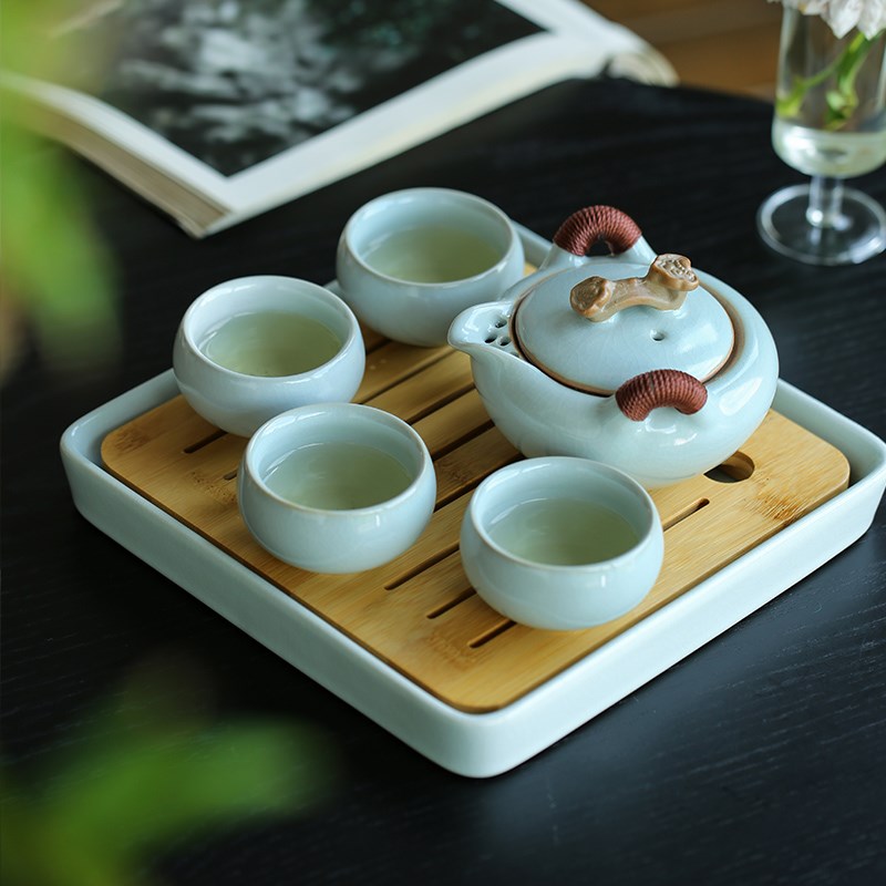 汝窑旅行茶具套装一壶四杯带茶盘便携式开片过滤茶壶整套礼品定制