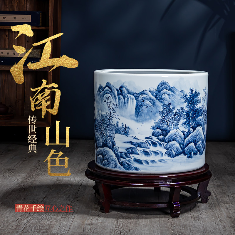 景德镇陶瓷手绘山水书画收纳缸客厅落地大花瓶书房字画桶装饰摆件