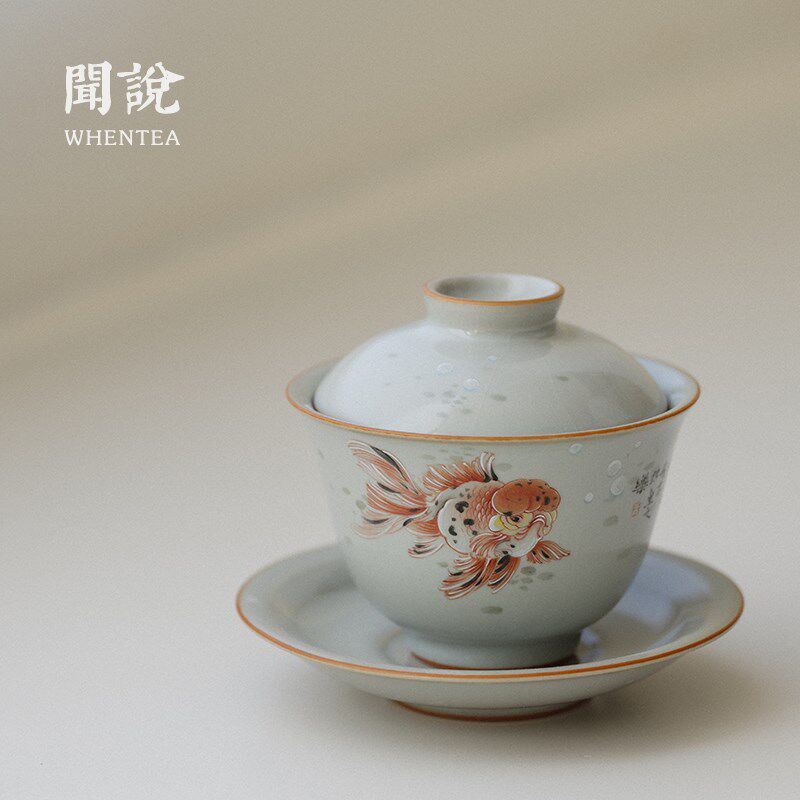 闻说景德镇市纯手绘天青汝窑盖碗《子非鱼》晓华制