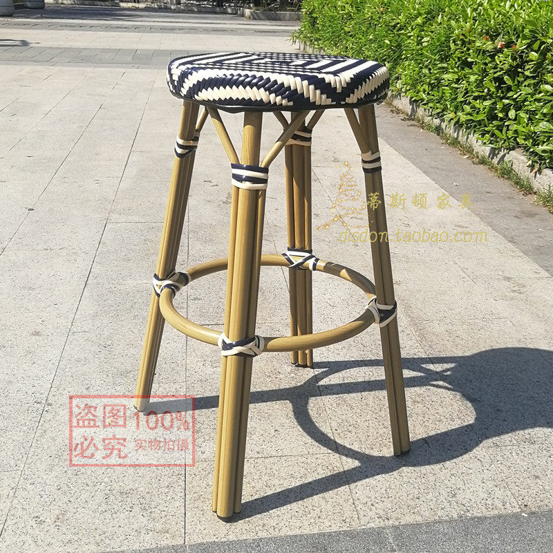 户外藤编酒吧椅防锈防晒仿竹铝制高脚椅收纳可叠放露天外摆餐吧凳