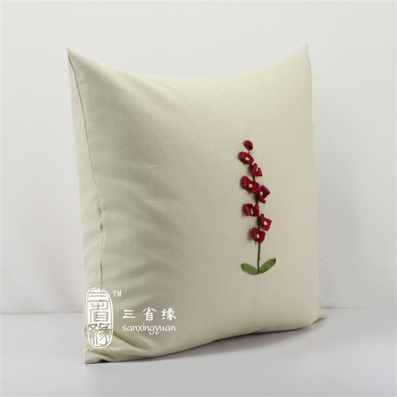 蜀葵 成品丝带绣抱枕靠垫午睡枕居家靠包沙发大靠背套 不含芯包邮