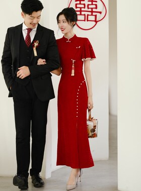 敬酒服旗袍红色改良中式年轻款订婚礼服裙女结婚小个子回门服新娘