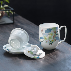 千红窑手绘茶杯陶瓷带盖内胆过滤水杯茶水分离泡茶杯办公家用杯子