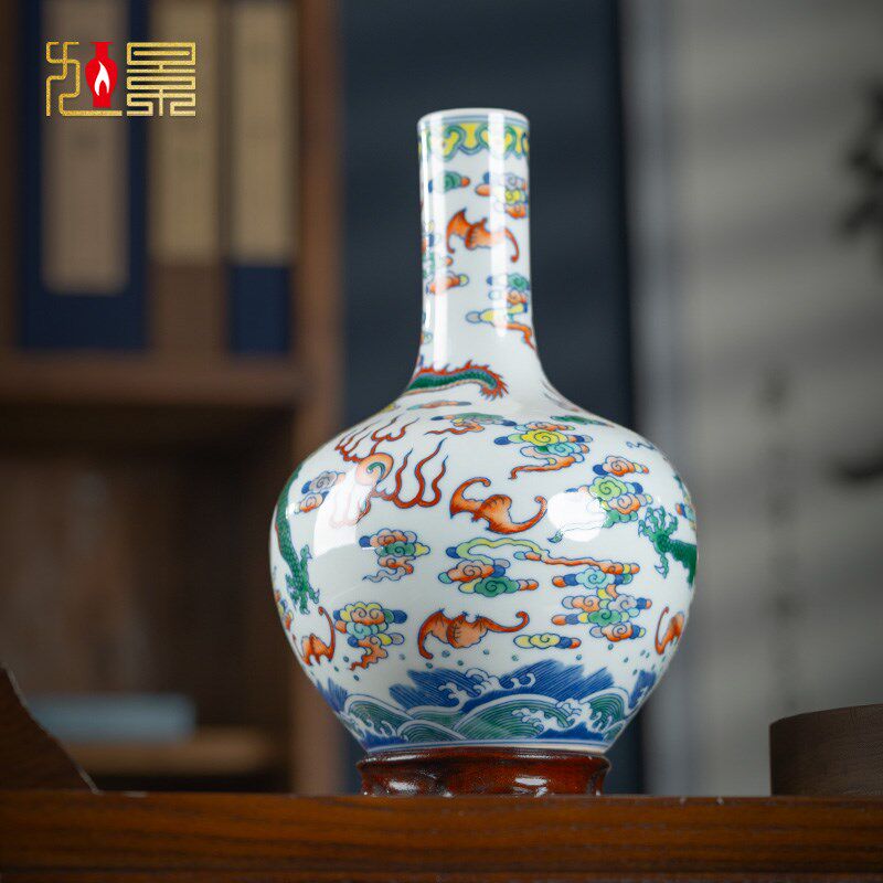 景德镇陶瓷花瓶手绘青花瓷龙纹天球瓶高档复古客厅博古架装饰摆件
