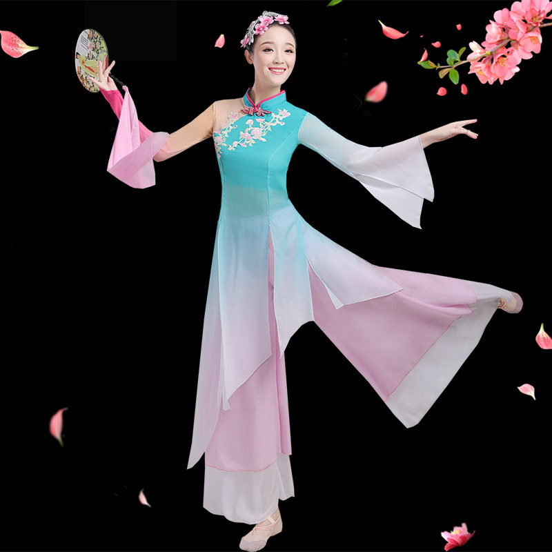 中国风古典舞演出服飘逸女长裙江南伞舞扇子舞民族舞蹈落花表演服