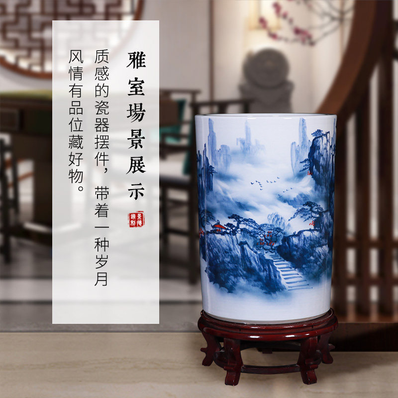 景德镇陶瓷器画缸卷轴缸书法画筒书房客厅大号收纳缸落地花瓶摆件
