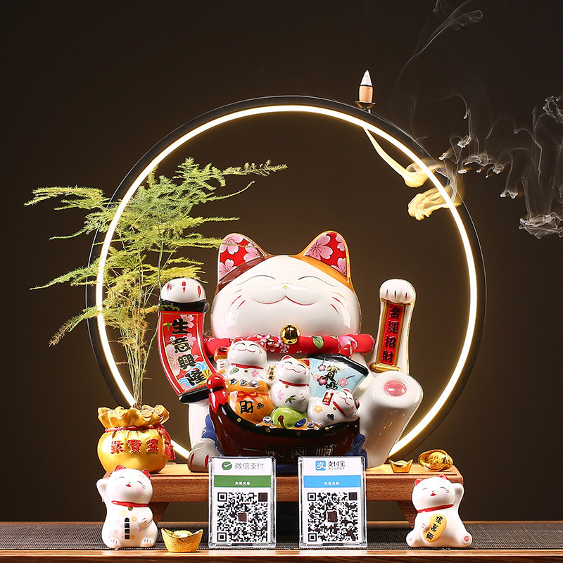 创意店铺高档开业礼品陶瓷招财猫电自动招手收银台二维码语音播报