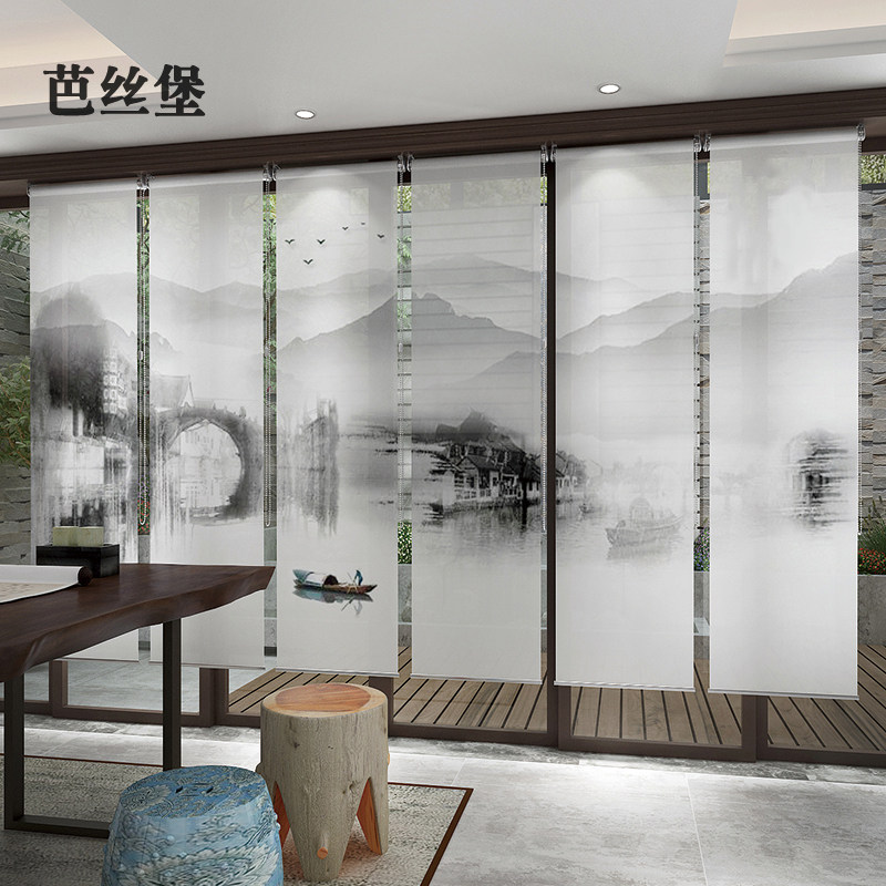 卷帘窗帘遮光悬挂软屏风帘升降隔断客厅茶室酒店餐厅山水画电动