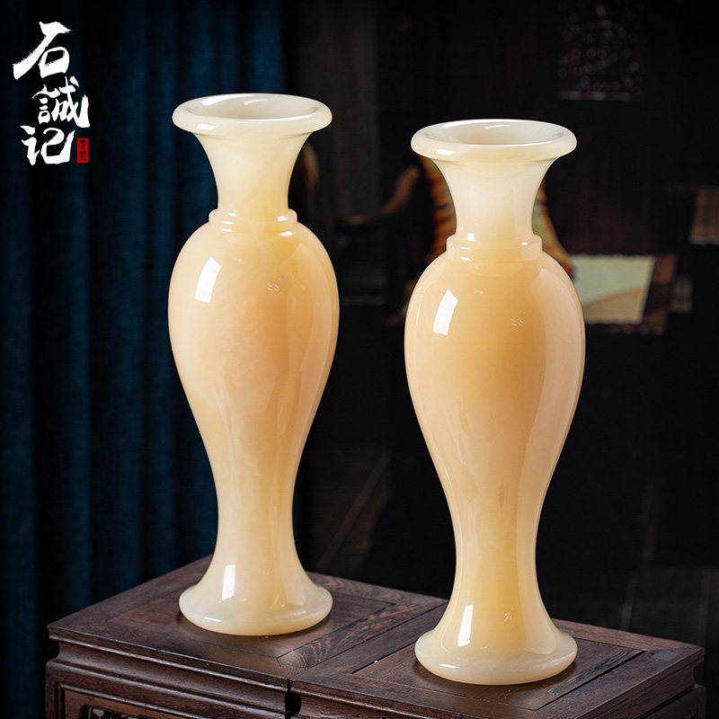 石诚记高档玉石百合花瓶摆件客厅装饰创意大号中式家用白色插花樽