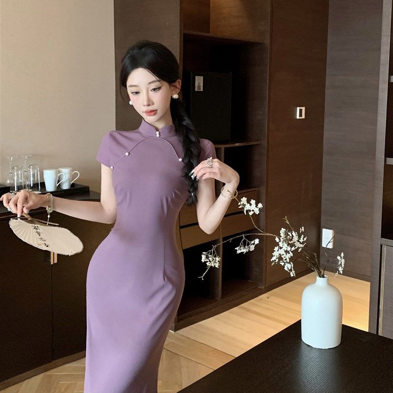 新中式国风港工改良旗袍女夏季紫色显白复古收腰显瘦立领连衣裙子