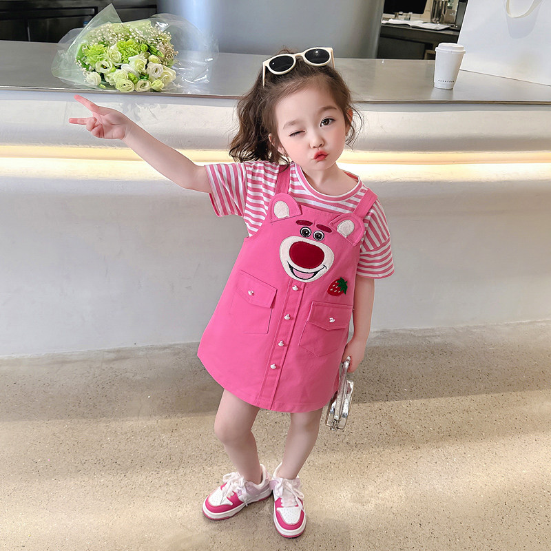 女童卡通玫红熊背带裙两件套2024女小童可爱套装儿童夏装洋气甜美