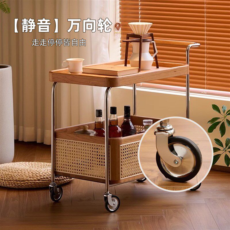 实木移动带轮边几不锈p钢收纳中古小推车客厅储物藤编置物简约茶