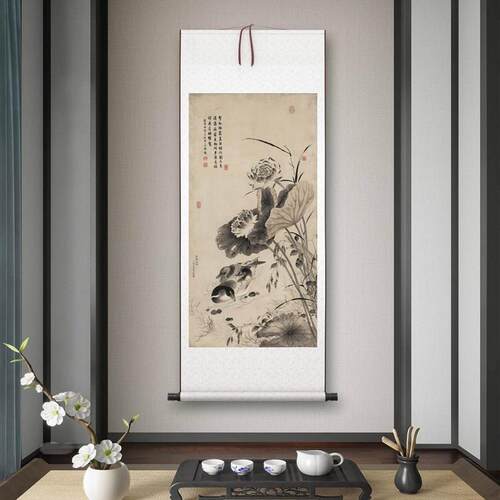 清张若霭《莲塘浴鸭图》客厅书房茶室装饰画挂画玄W关水墨高清卷