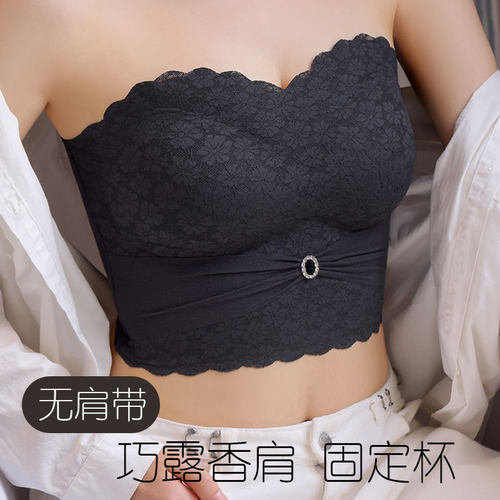 无肩带大胸显小薄款蕾丝s大码内衣女美背式抹胸无钢圈胖防走光文