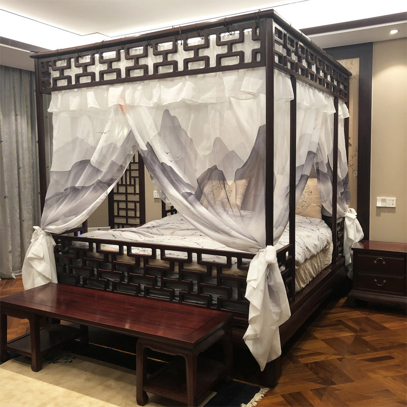 仿明清古典月洞架子床酒店民宿新中式水墨山水防蚊床幔蚊帐手绘纱