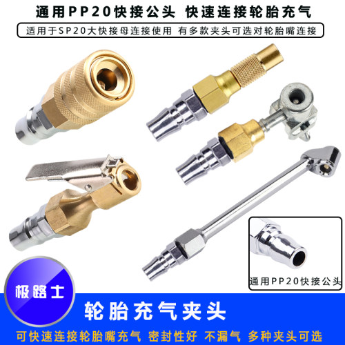 极路士通用快接公头转轮胎快速充气加强快夹双头杆圆头双卡连接铜