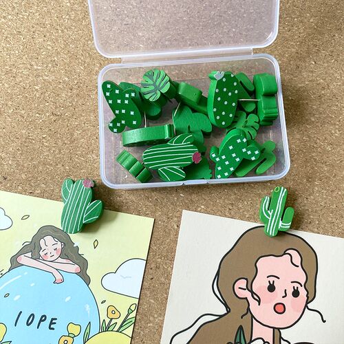 20个盒装仙人掌绿色图钉毛毡照片墙装饰创意可爱软木留言板按钉