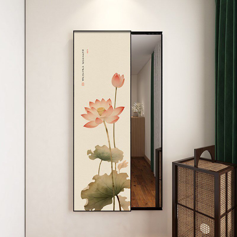 中式荷花玄关全身镜隐藏式家用壁挂画可关闭卧室穿衣镜推拉装饰画