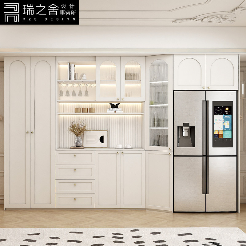 美式餐边柜一体靠墙嵌入式冰箱柜轻奢家用实木酒柜玻璃门厨房橱柜