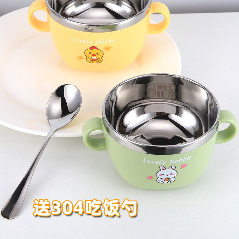 儿童汤碗304不锈钢带手柄w便携防烫可爱卡通宝宝吃饭碗送勺泡面碗