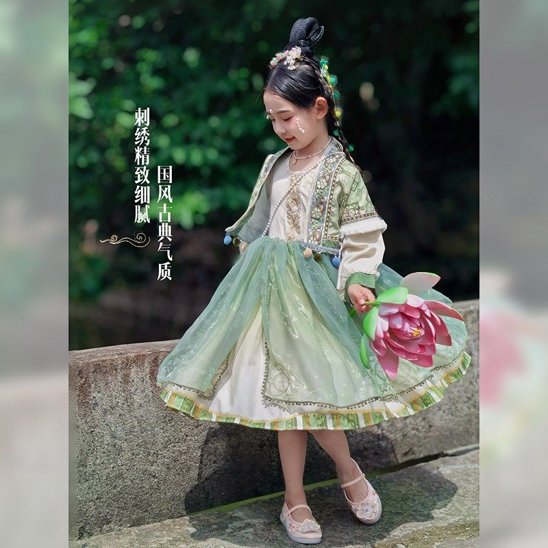 女童汉服2025春季新款儿童新中式连衣裙马甲包包古风三件套春装