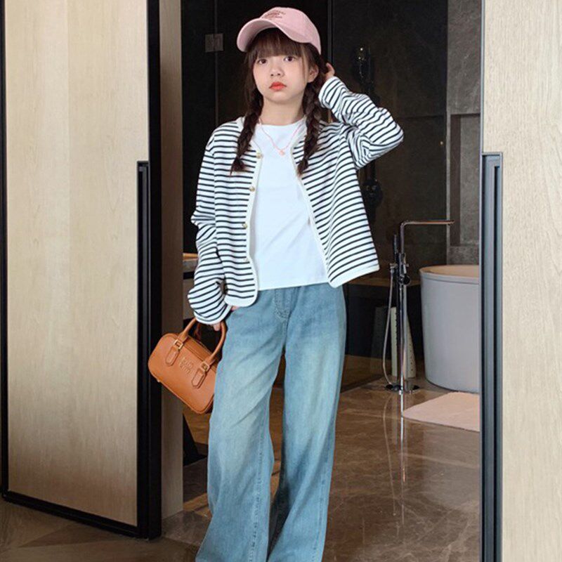 女童裤子春款牛仔裤儿童新款早春季直筒阔腿裤女大童装2024春秋款
