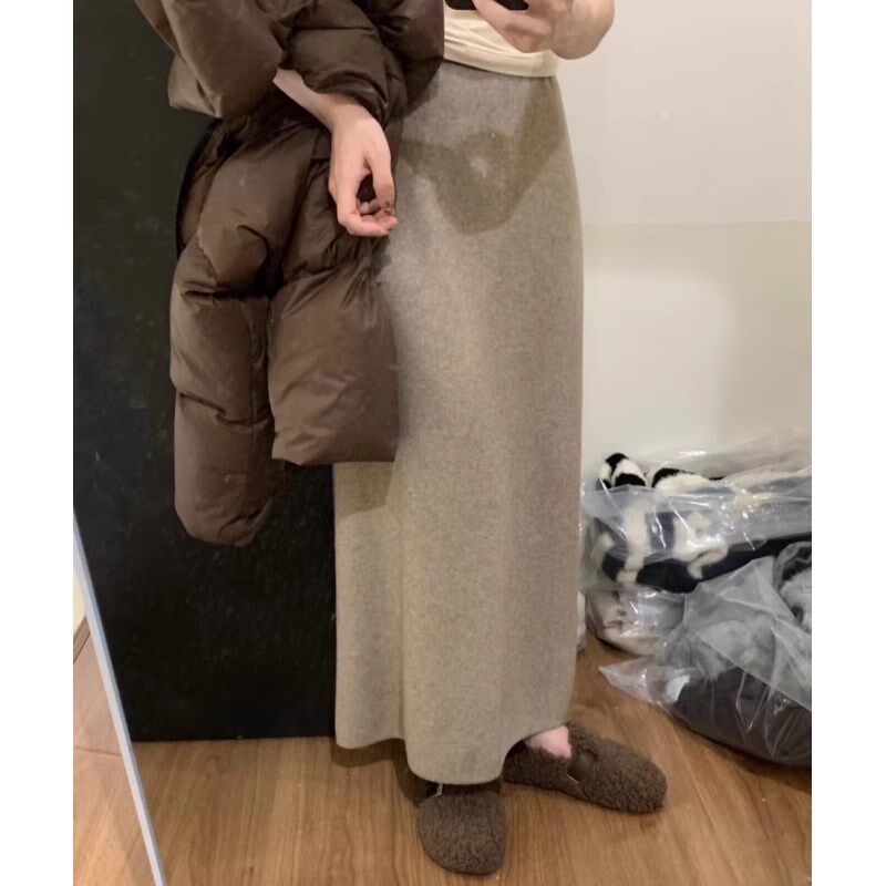 燕麦色针织半身裙女秋冬加厚A字裙羊毛呢子开叉一步裙高腰包臂裙