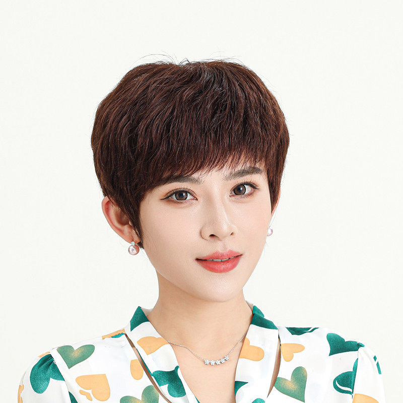 中老年女性真人假发秋冬短直发款式 手织顶心全头戴式假发 OL风格