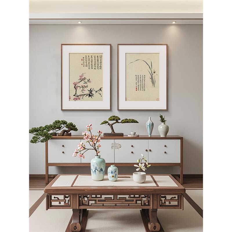俞致贞花鸟工笔挂画茶室客厅背景墙装饰画新中式玄关书房竖版壁画