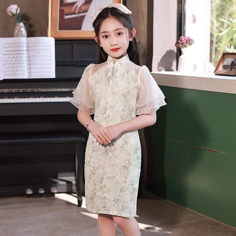 2024亲子旗袍母女装夏洋气高开叉女童连衣裙修身显瘦一模一样蕾丝