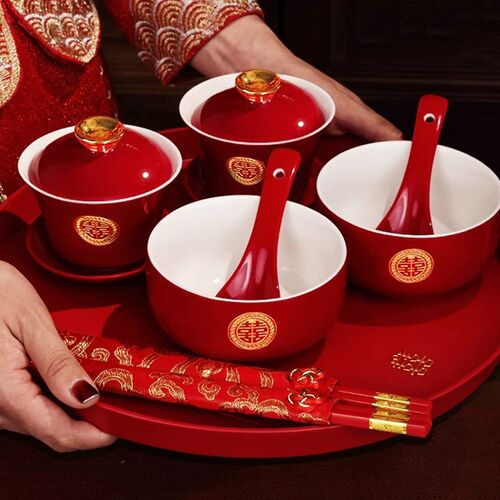 敬茶杯结婚用品改口敬酒茶杯套装喜碗喜筷婚礼红色碗筷一对碗喜事