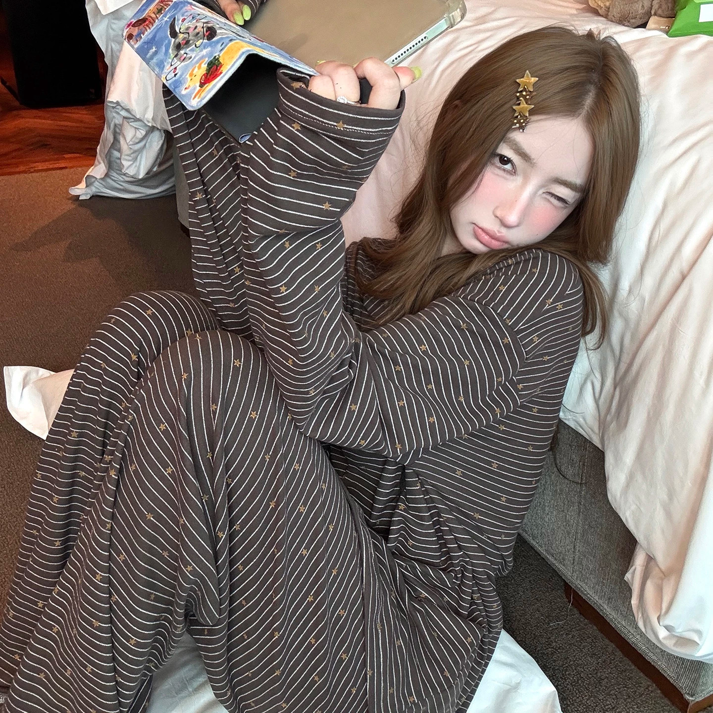 星星条纹翻领睡衣女德绒家居服