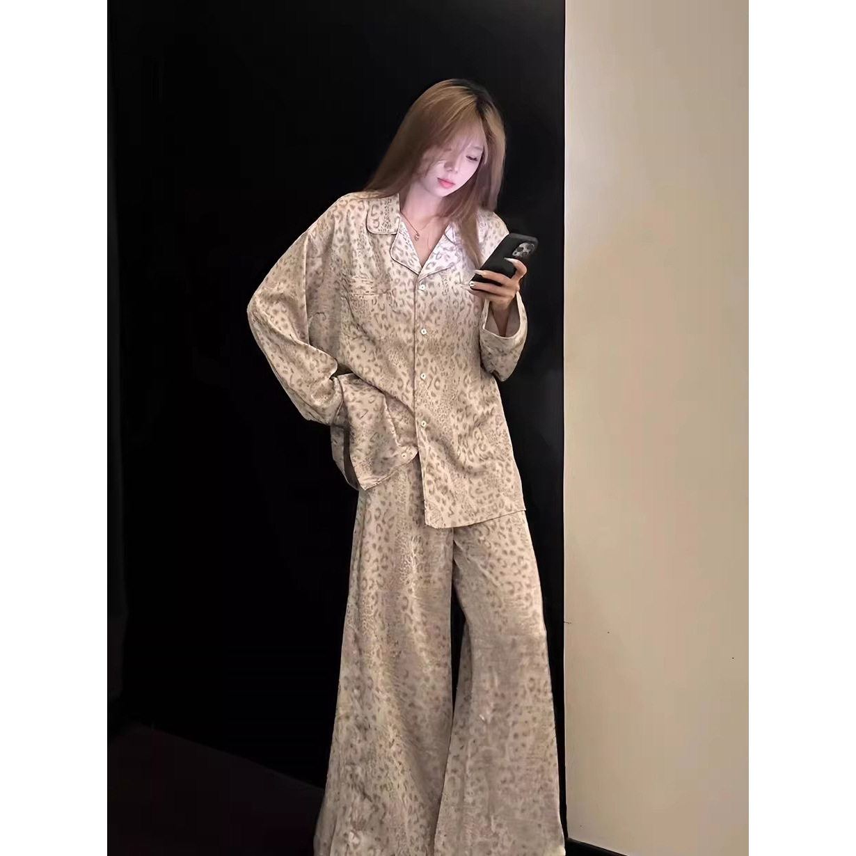 韩系高级感豹纹缎面冰丝睡衣女26秋季新款长袖长裤大码家居服套装