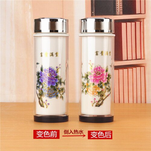 变色杯 陶瓷内胆双层茶杯带盖 保B温杯玻璃直身杯 办公杯 礼品包