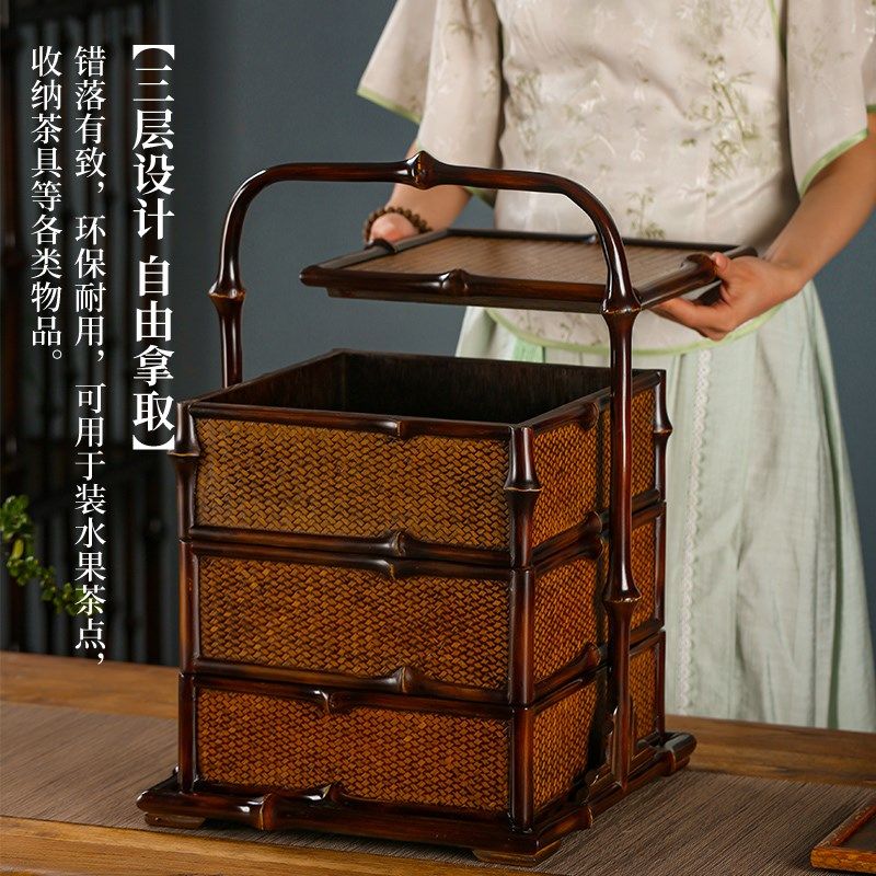 竹柒阁紫竹茶棚桌面明式茶柜茶具收纳柜带抽屉竹编提盒筇竹家具