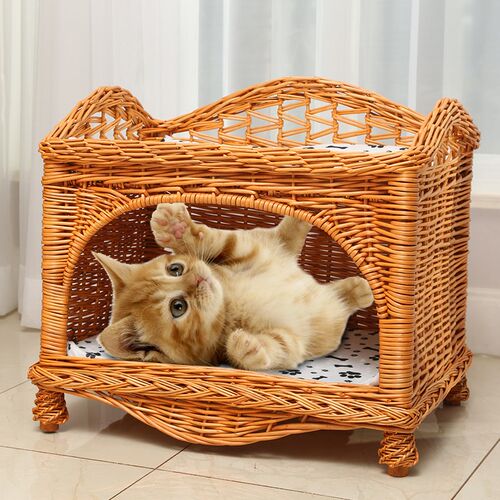 高档双层猫窝四季通用可拆洗别墅夏季藤编猫屋封闭式猫房子小狗窝