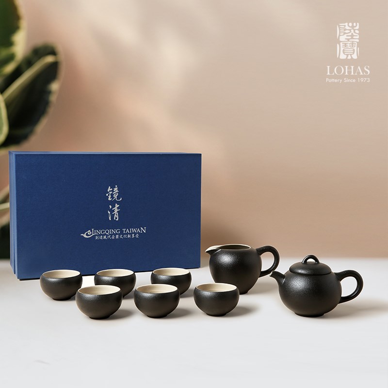 陆宝陶瓷镜清缘心壶茶组一壶六杯一公道杯雅致黑家用整套茶具套装