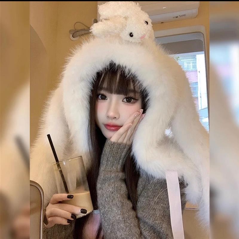 网红毛茸茸可爱兔耳朵毛蓬松软萌保暖秋冬毛O绒防寒护耳套头帽女