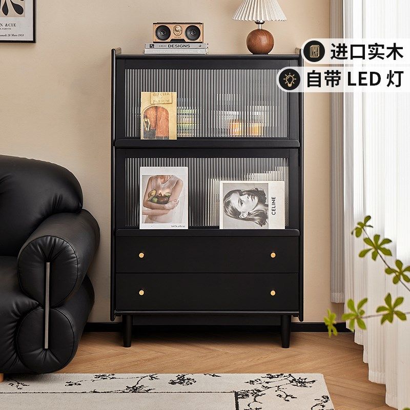 现代简约书柜展示柜 黑色实木餐边柜 A客厅沙发侧边收纳柜 橡木材