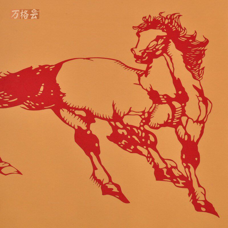 中国风特色蔚县手工剪纸装饰画红色乾隆八骏图手工艺品送领导礼物
