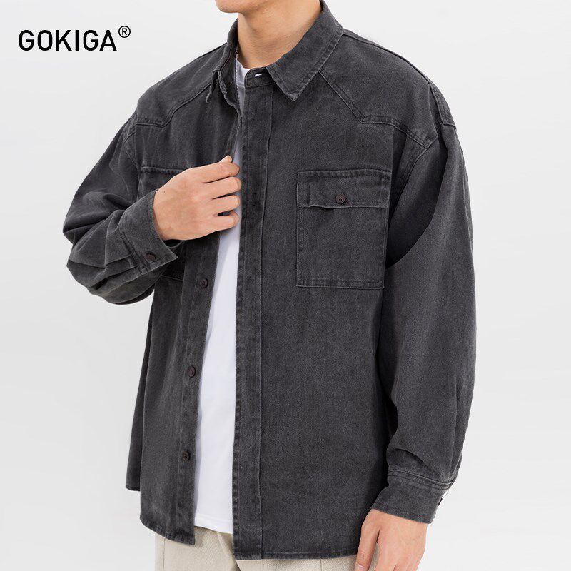 GOKIGA宫崎迦2024新款水洗做旧牛仔衬衫男休闲翻领衬衣外套潮1545